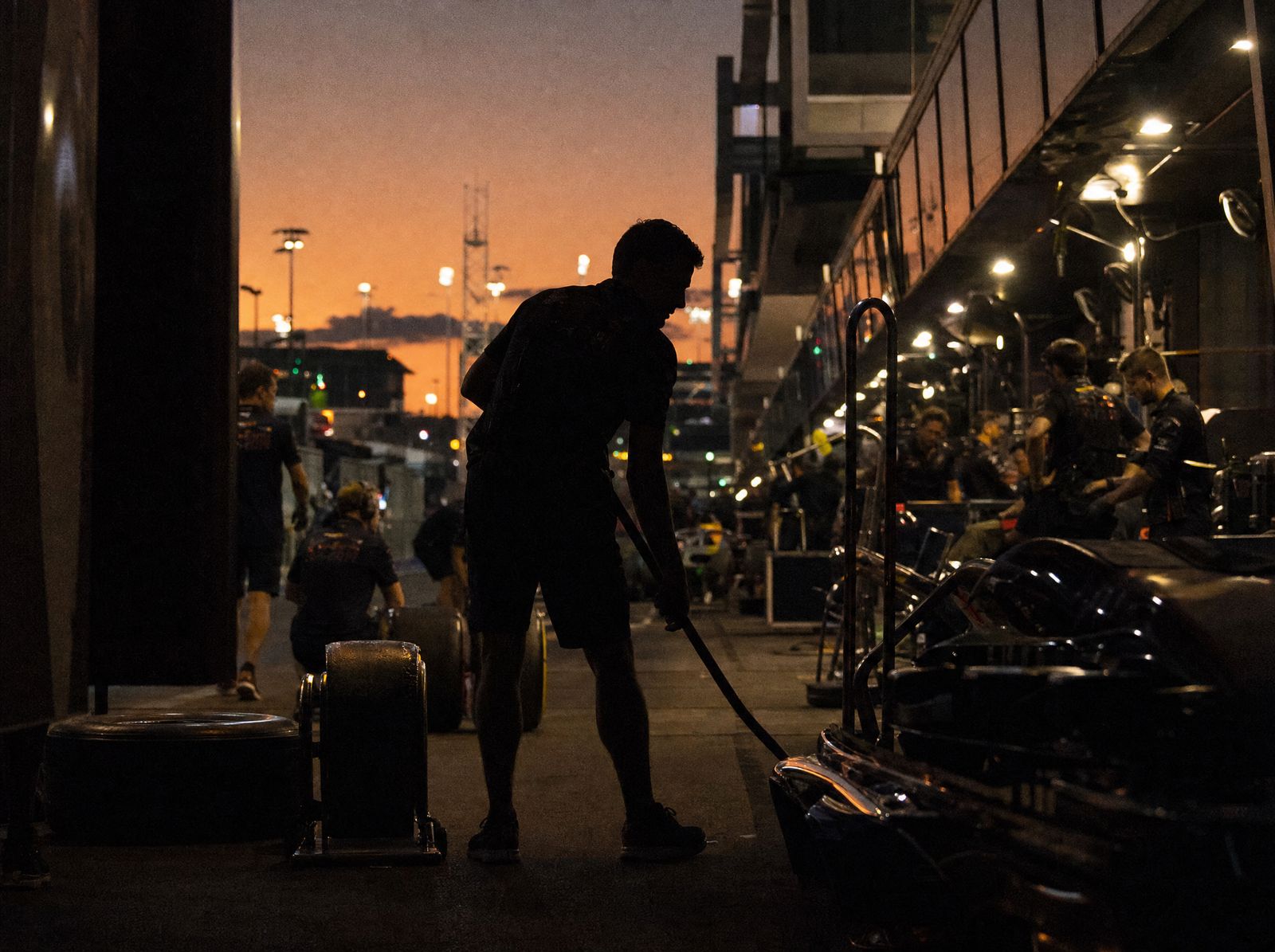 Formula 1 paddock at dusk