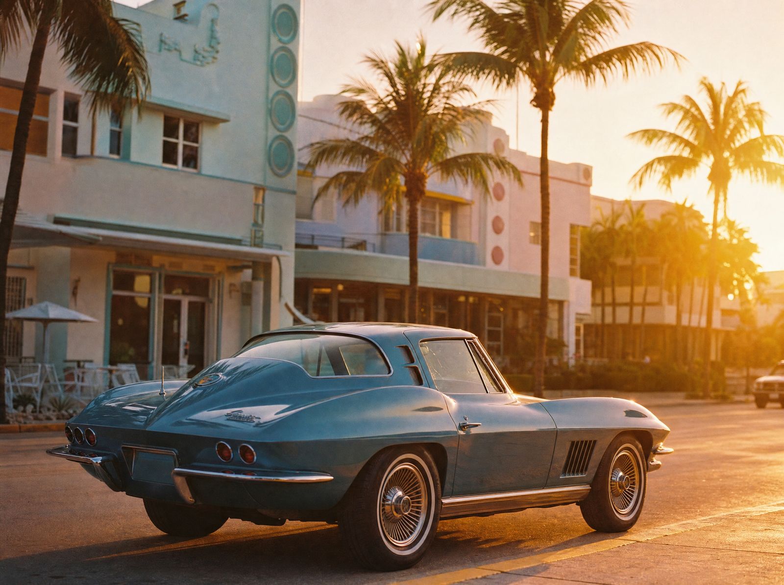 Vintage sports car on a Miami street at sunset